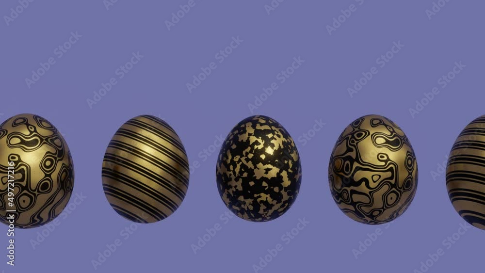 Easter eggs with abstract golden pattern on a violet background. Endless 3d render holiday concept animation. Seamless loop Easter background Easter eggs with abstract golden pattern on a violet background. Endless 3d render holiday concept animation. Seamless loop Easter background