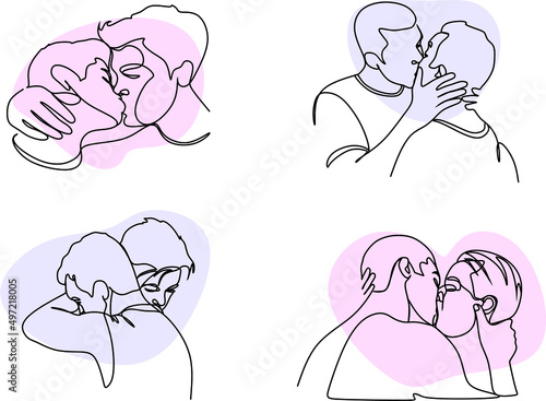Hand drawn couple line art vector illustration. Man kiss sketch. Happy together. Lovers outline drawing. Love concept. Gay couple kissing. Lgbt concept.Gay Couple line vector illustration. Love print.