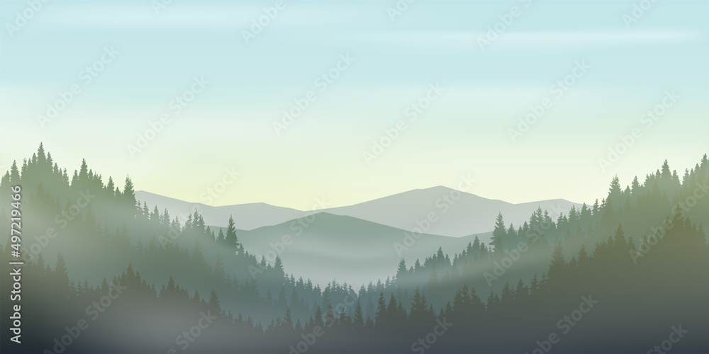 mountain landscape with fog over trees 