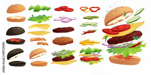 Burgers ingredients set: buns, chili, tomato, cheese, bacon, cucumber, meat, onion, ketchup, French fried potato and salad. Fast food, junk. Cartoon vector illustration.