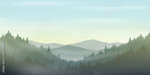 mountain landscape with fog over trees 