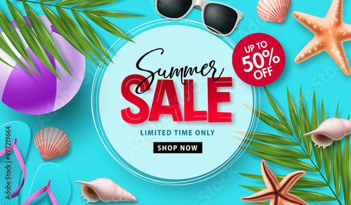 Summer sale vector banner design. Summer sale discount text in circle space for tropical season promotion background. Vector illustration.
