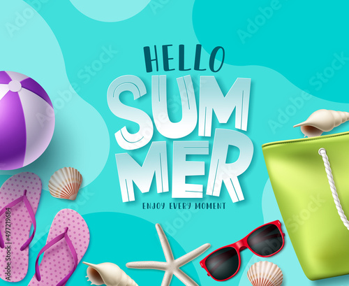 Summer vector background design. Hello summer greeting text with beach elements for tropical holiday season banner design. Vector illustration.
