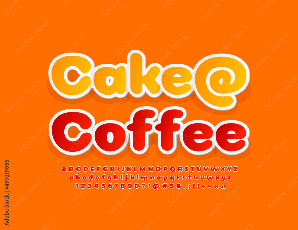 Vector advertising emblem Cake and Coffee. Red sticker Alphabet Letters, Numbers and Symbols set. Creative bright Font