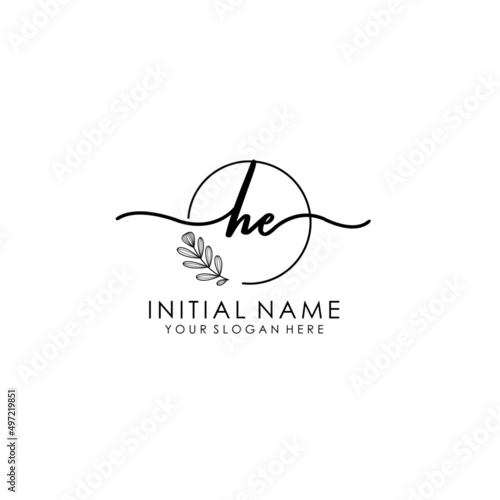 HE Luxury initial handwriting logo with flower template, logo for beauty, fashion, wedding, photography