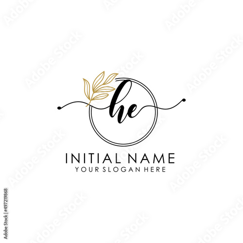 HE Luxury initial handwriting logo with flower template, logo for beauty, fashion, wedding, photography