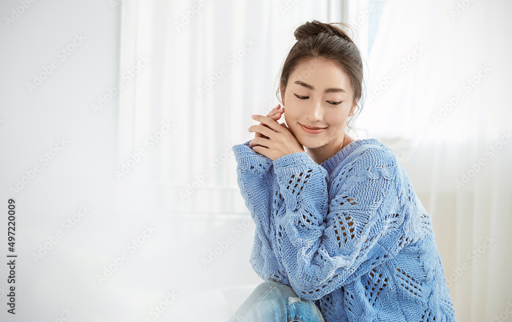Portrait of young beautiful asian woman relax face in winter bedroom. Closeup sexy beauty fashion girl healthy makeup facial treatment perfect glow skin. Smile happy hygge asia korean girl feel cold. Portrait of young beautiful asian woman relax face in winter bedroom. Closeup sexy beauty fashion girl healthy makeup facial treatment perfect glow skin. Smile happy hygge asia korean girl feel cold.