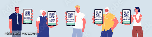 Electronic sanitary vaccination passport, QR-code. Set of people holding smartphone with graft certificate in app on screen. Characters isolated on white background. Flat illustration vector.