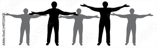 Five women perform physical exercises standing still: arms at the sides, raised up. A group of older people goes in for sports. Front view. A black silhouette is isolated on a white background.