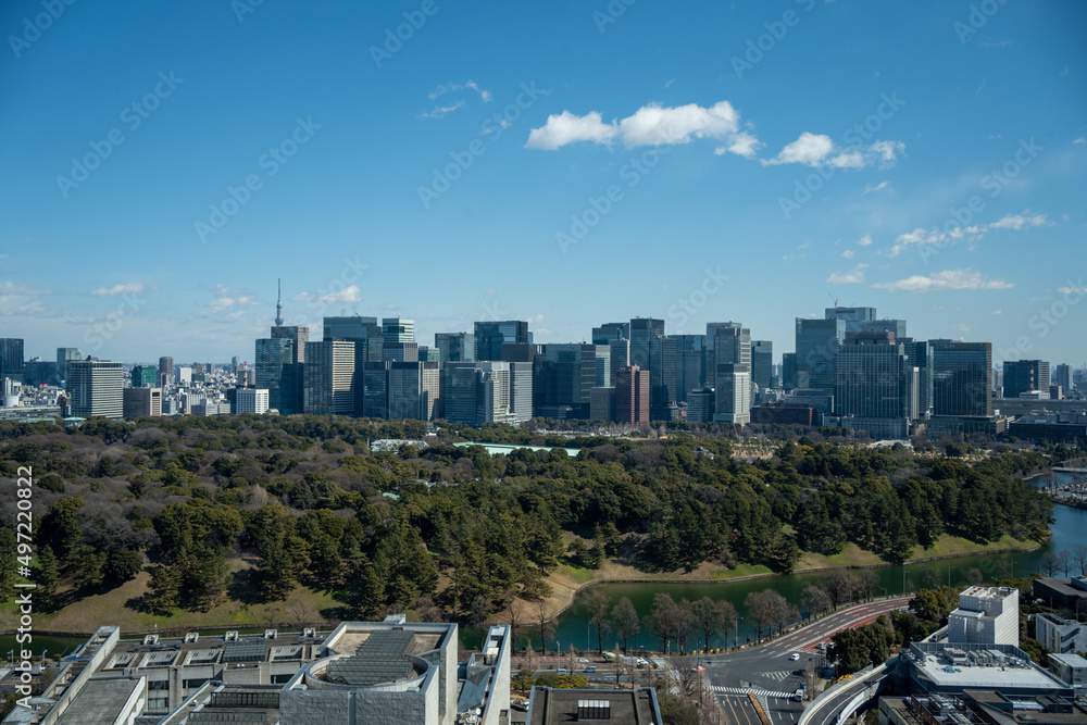 Obraz premium Tokyo city center with skyscraper office buildings in Otemachi, Tokyo, Marunouchi, Hibiya, Kasumigaseki