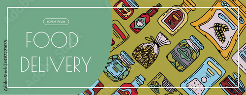 Vector doodle grocery store products. Hand drawn scetch banners. Food and drink. Natural canned, bakery and cereal products. Sale. Delivery.App store