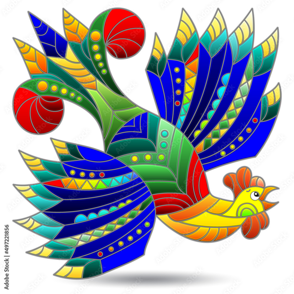 An illustration in the style of a stained glass window with a bright rooster, a bird isolated on a white background