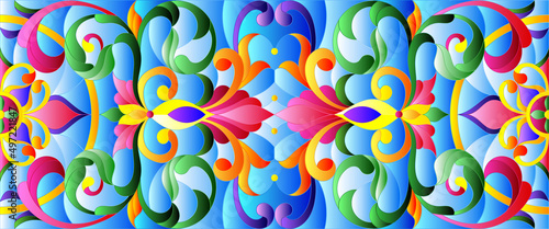 Illustration in stained glass style with abstract  swirls,flowers and leaves  on a blue background,horizontal orientation