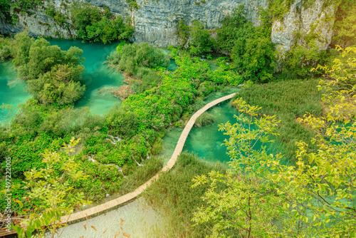 lookout over the bridge on Korana river. Plitvice Lakes National Park of Croatia in Lika region. UNESCO World Heritage of Croatia named Plitvicka Jezera.