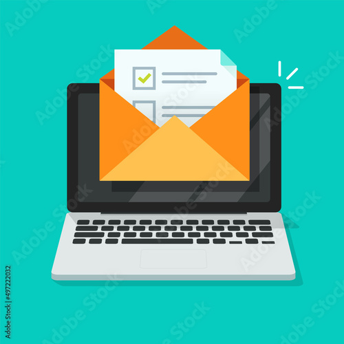 Survey online vote email checklist on computer pc or digital exam task icon on laptop pc form to choose check mark flat cartoon illustration, electronic questionnaire or web feedback quiz