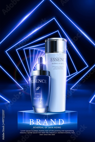 3d blue neon cosmetic product ad