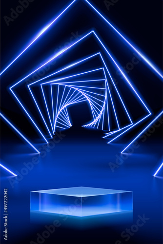 3d blue neon product display stage