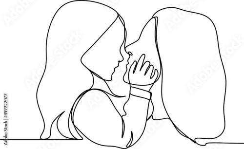 Abstract mother with a child in continuous one line drawing art style. Mother`s Day card. Woman hugging her baby. Happy motherhood concept. Modern vector illustration