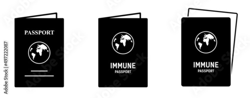 Set Vaccine passport black icon. vaccination certificate against covid-19.