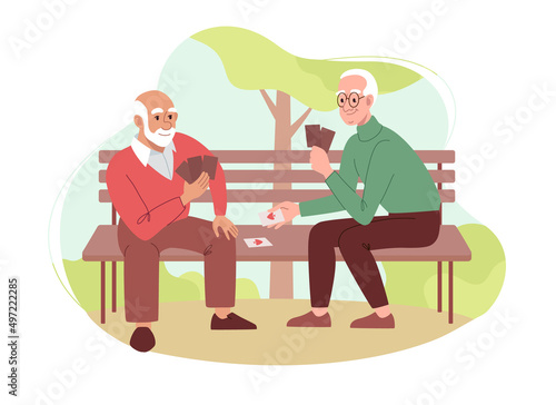 Men of retirement age have fun playing cards together in the park on a bench. Old friends have fun playing card board games. Flat vector illustration, isolated