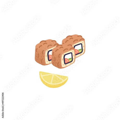 Sushi rolls with rice, red fish, avocado and cheese wrapped in nori and tuna shavings. Asian Japanese seafood in western style. Maki with lemon. Flat vector illustration isolated on white background