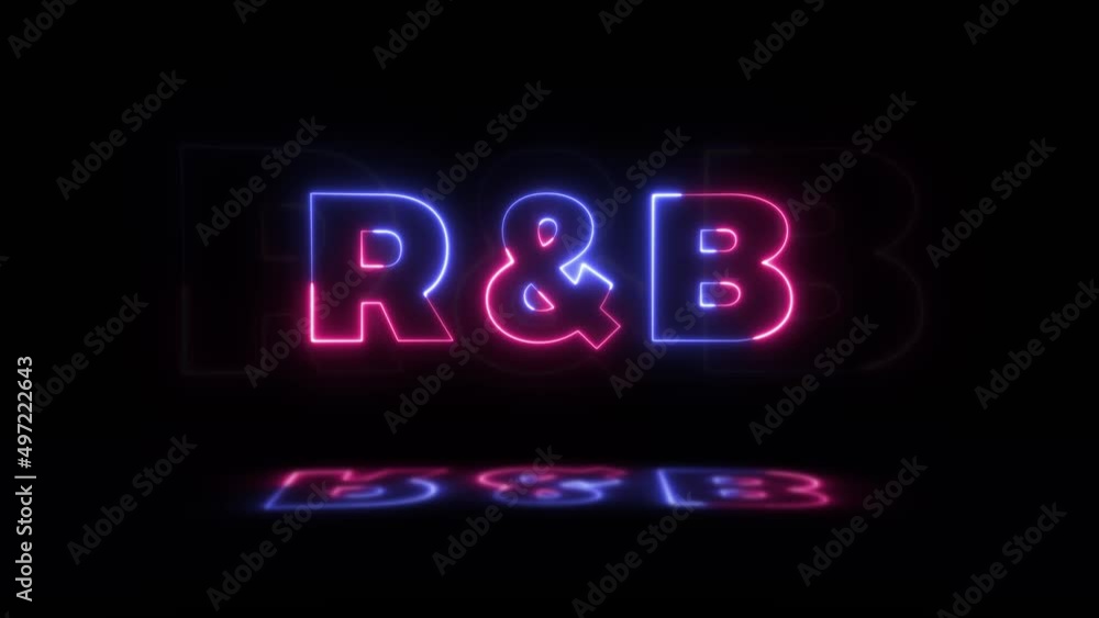 Neon glowing word 'R and B' on a black background with reflections on a floor. Neon glow signs in seamless loop motion graphic Neon glowing word 'R and B' on a black background with reflections on a floor. Neon glow signs in seamless loop motion graphic