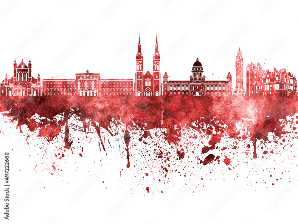 Belfast skyline in red watercolor on white background