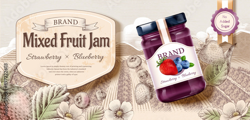 Vintage mixed fruit jam ad template