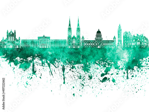 Belfast skyline in green watercolor on white background