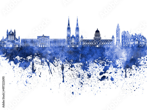 Belfast skyline in blue watercolor on white background