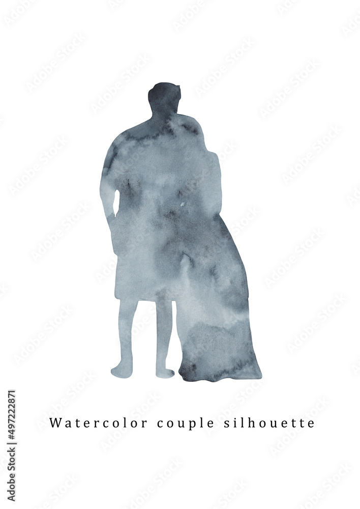 Obraz premium Romantic love story silhouette on watercolor background.Couple in a hug.Love concept. Watercolor hand drawn painting.
