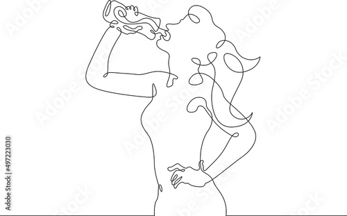 A young woman drinks water from a glass. Satisfy your thirst after exercise.One continuous line drawing. Line Art isolated white background.