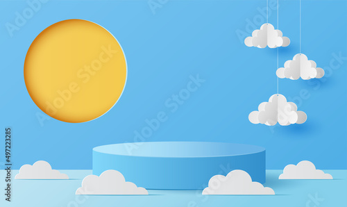 Paper cut of minimal scene with blue color cylinder podium for products display presentation, sun and cloud on blue sky background, Summer season. Vector illustration