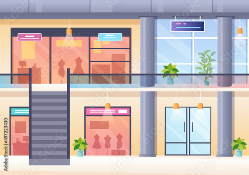 Shopping Mall Modern Background Illustration with Interior Inside, Escalator and Various Retail Store in Flat Style Design