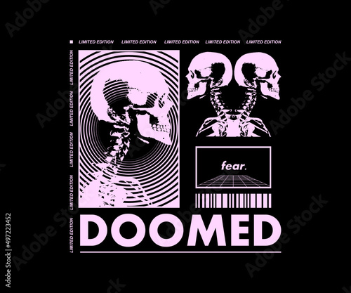 Doomed skull illustration with pixel style and retro poster t shirt design, vector graphic, typographic poster or tshirts street wear and Urban style