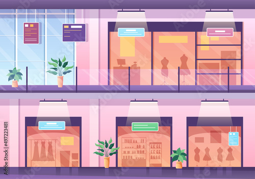 Shopping Mall Modern Background Illustration with Interior Inside, Escalator and Various Retail Store in Flat Style Design