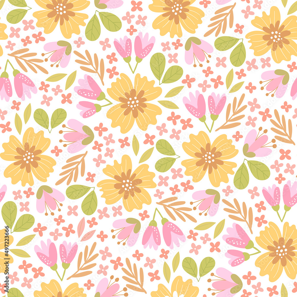 Hand-drawn seamless pattern with flowers. Colorful floral illustration for paper and gift wrap. Fabric print modern design. Creative stylish background.