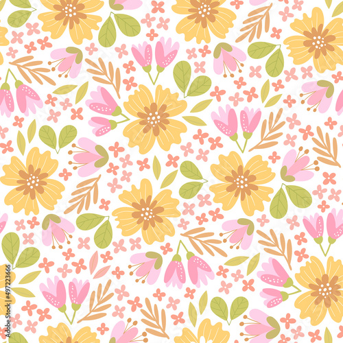 Hand-drawn seamless pattern with flowers. Colorful floral illustration for paper and gift wrap. Fabric print modern design. Creative stylish background.