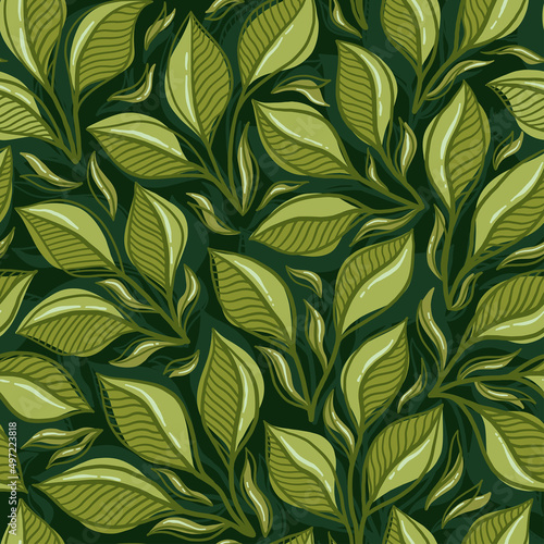 Hand-drawn seamless pattern with plant leaves. Stylish illustration with thickets for paper and gift wrap. Fabric print modern design. Creative stylish background.