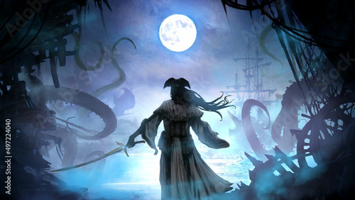 A pirate woman in a hat and a white dress goes to battle with a kraken destroying her fleet with huge tentacles in the bay, she goes into the water with a saber in her hand in the moonlight. 2d art photo