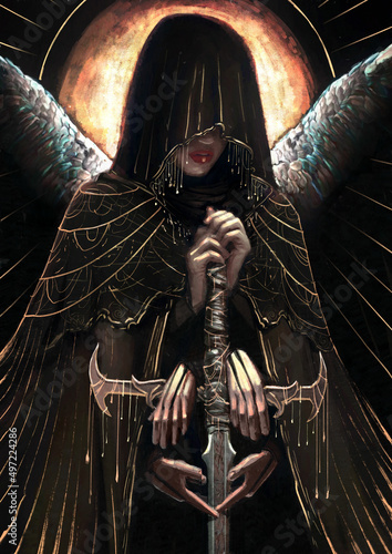 фотографія A beautiful angel woman with pearl wings in a black cassock with gold patterns a