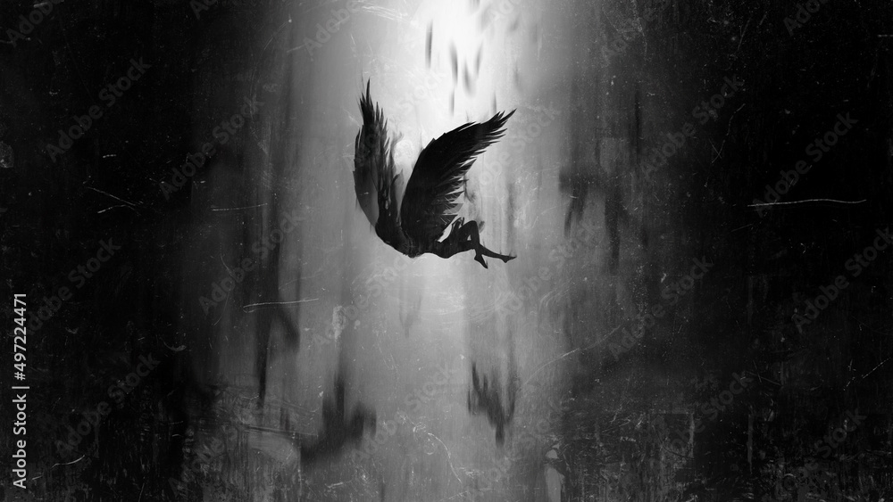 The angel Lucifer, exiled from paradise, falls from heaven, unable to fly on his broken black wings anymore, black silhouettes of people fall with him into the black abyss. 2d religious art - obrazy, fototapety, plakaty 