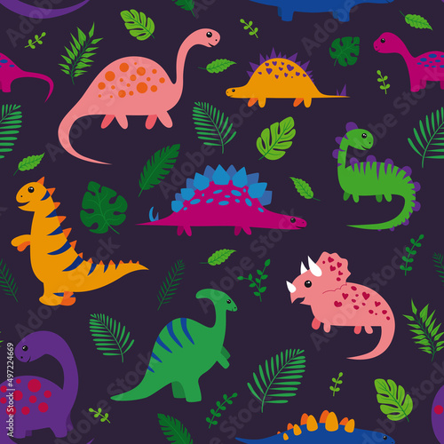 Pattern with cartoon cute dinosaurs and leaf.