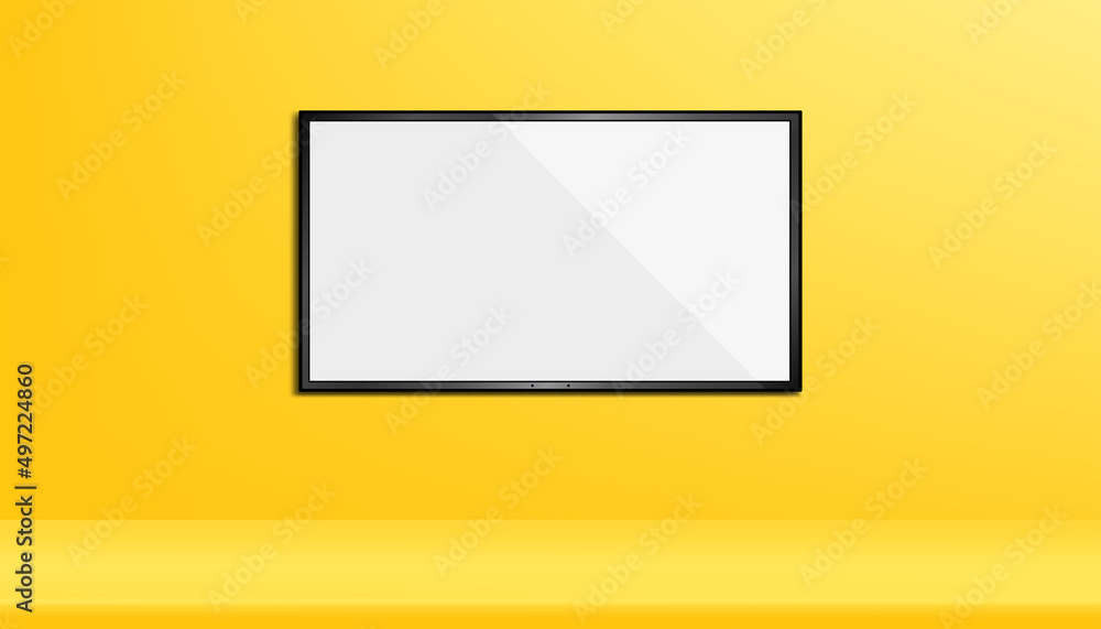 Studio room with wide TV white blank flatscreen monitor mockup hanging on the wall, Vector illustration Icd monitor,oled,plasma on yellow background. Interior design of Modern Studio with copy space