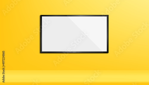 Studio room with wide TV white blank flatscreen monitor mockup hanging on the wall, Vector illustration Icd monitor,oled,plasma on yellow background. Interior design of Modern Studio with copy space