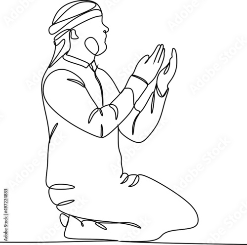 Single continuous line drawing of muslim person raise and open hands praying, from rear view. Islamic holy day Ramadan Kareem and Eid Mubarak pray concept one line draw design vector illustration