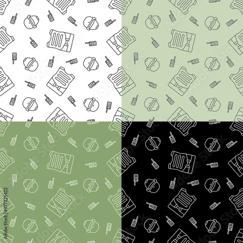set of seamless patterns with soldier helmet, bulletproof vest and radio station. Ornament for decoration and printing on fabric. Design element. Vector