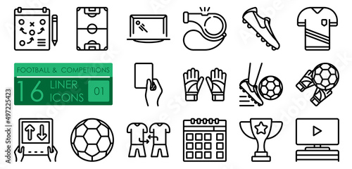 Football and sports competitions. Boots, uniform, soccer ball. Prize for winning the competition. Set of simple linear icons
