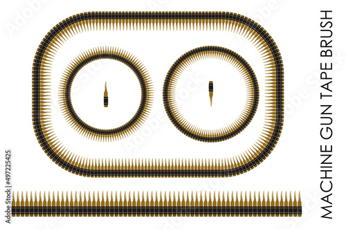 Machine gun belt brush, automatic weapon bullet. Soldier weapon. Frames for design on military theme. Vector isolated on white background