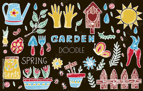 Vector gardening doodle set. Cartoon hand drawn isolated design horticulture elements. Spring set for gardening and floriculture. Sketch of a nerd hobby icon